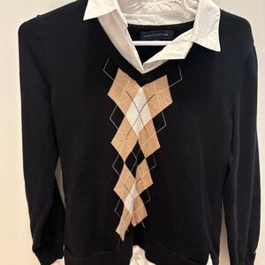 Tommy Hilfiger Black and Tan Argyle V-Neck Sweater